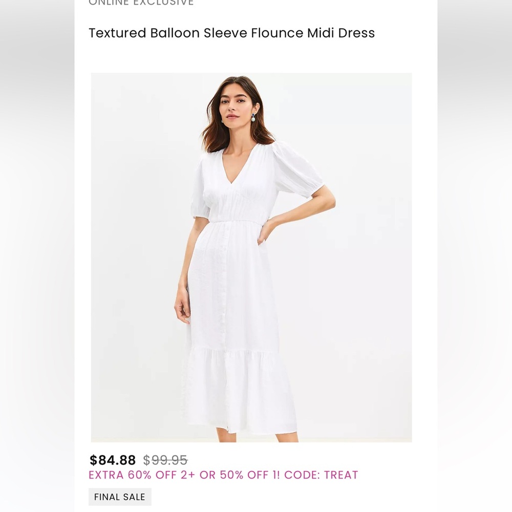 Loft White Textured Balloon Sleeve Flounce Midi Dress size 8